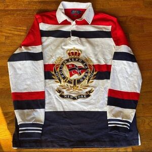 Polo Ralph Lauren Red and Navy Striped RL Crest Rugby Shirt Medium NWOT